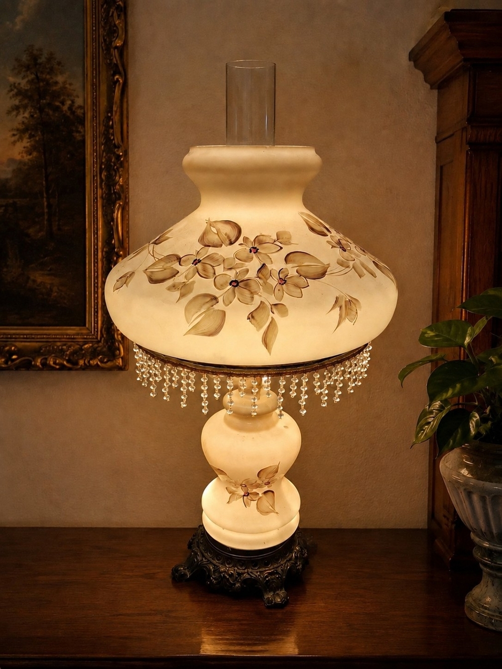 Hand-Painted Floral Beige Table Lamp with Beaded Trim